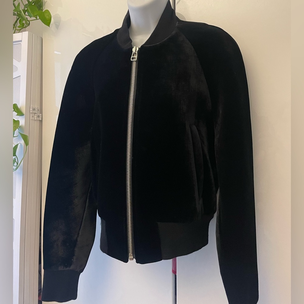 DKNY black velvet structured batwing bomber jacket